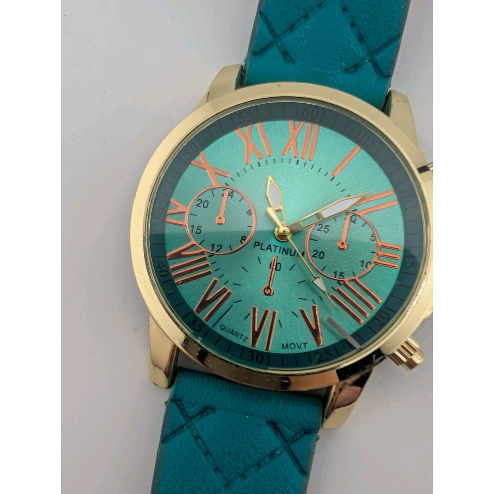 Teal Women's Watch 40mm Gold Case Quilted Faux Leather Band- New Battery